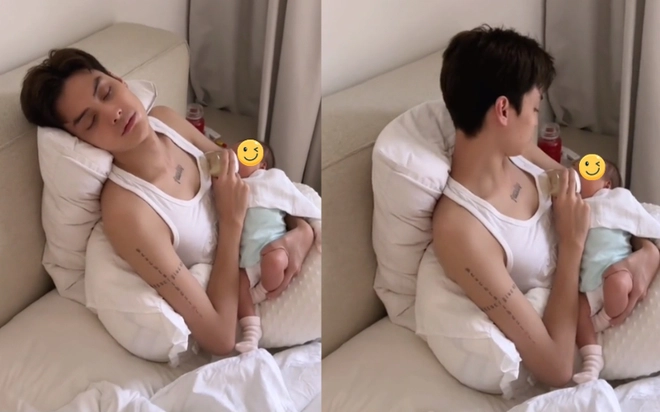 Tuấn Dương đỡ đần vợ khâu chăm con, được netizen nhiều lần tấm tắc khen chồng quốc dân.