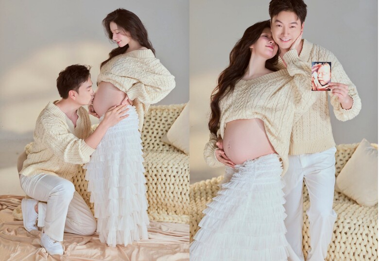 Cặp đôi chụp ảnh bầu cùng ảnh siêu âm em bé.