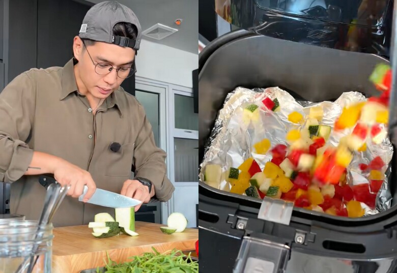 Đầu tiên, cắt hạt lựu các loại rau củ như ớt chuông, bí ngòi... rồi nướng với nồi chiên không dầu khoảng 20 phút.