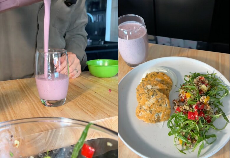 Chuẩn bị thêm một ly sinh tố dinh dưỡng từ việt quốc, sữa chua và bột protein và hoàn thiện trang trí.