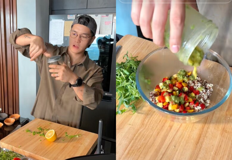 Làm nước sốt salad với các nguyên liệu: chanh, dầu olive, mù tạt, muối, tiêu, mật ong, ngò rí.