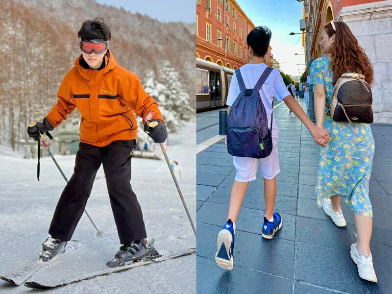 Sinh năm 2011, Khải Minh "trổ giò" phổng phao ở tuổi 14. Hiện tại, con trai đầu lòng nhà đạo diễn Khải Anh cao gần bằng mẹ và đứng ngang vai bố.