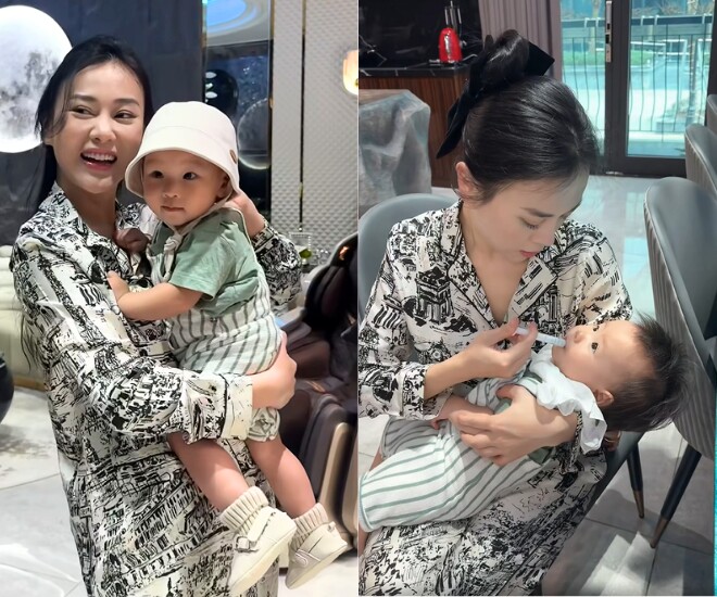 Phương Oanh chăm sóc cặp song sinh Jimmy - Jenny từng chút.
