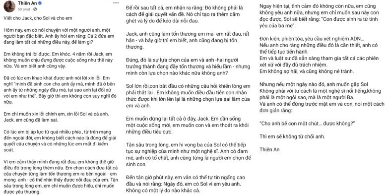 Nội dung bức tâm thư của Thiên An gửi đến Jack và bé Sol.