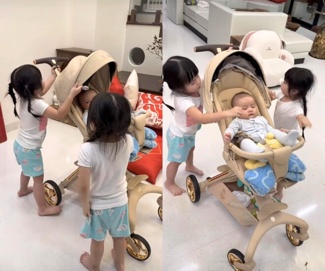 Từ ngày có em trai là bé Quintin, cặp song sinh nhà Vân Trang ngày càng ra dáng chị gái.