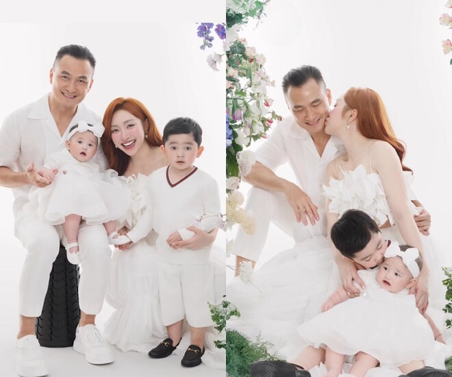 Vợ chồng Chi Bảo chụp ảnh gia đình cùng 2 con.