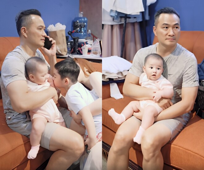 Khoảnh khắc Chi Bảo bận rộn nhưng vẫn chăm con phụ vợ.