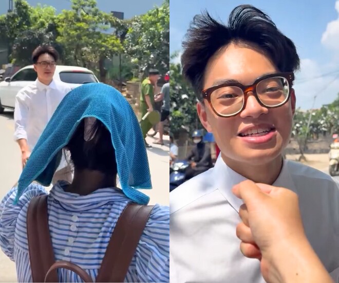 Con trai NSND Xuân Bắc được mẹ đón sau khi hoàn thành môn thi đầu tiên.