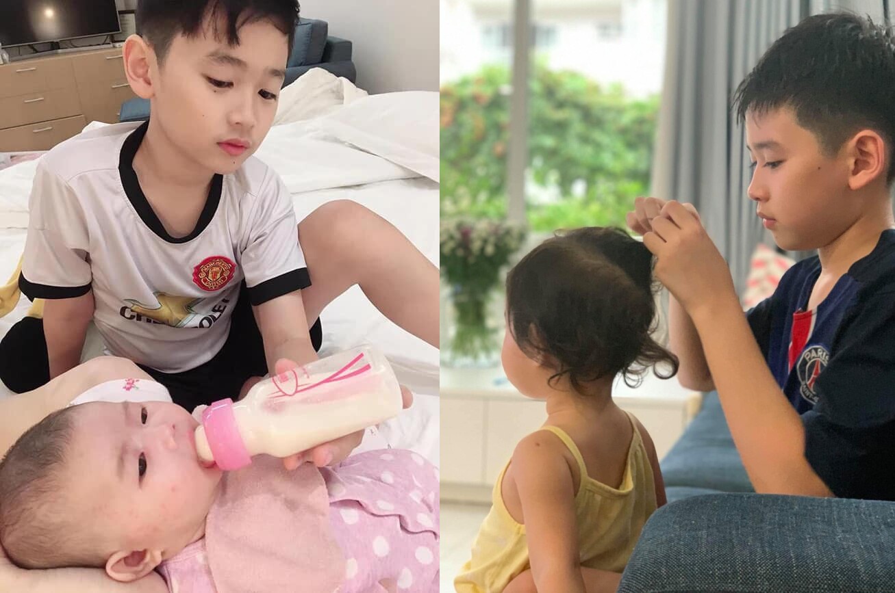 Con trai Thân Thúy Hà được mẹ khen là người tình cảm, biết yêu thương em.