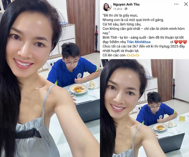 Anh Thư chúc con trai thi môn Văn thuận lợi, đạt 9 điểm.
