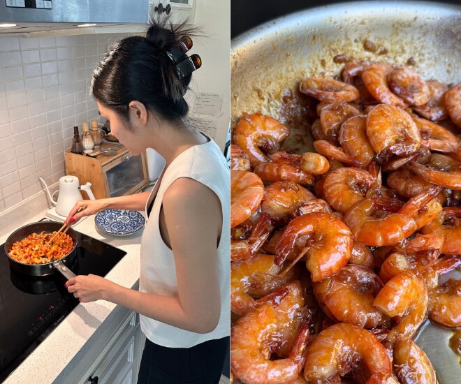 Tăng Thanh Hà trổ tài nấu món tôm đất rang.
