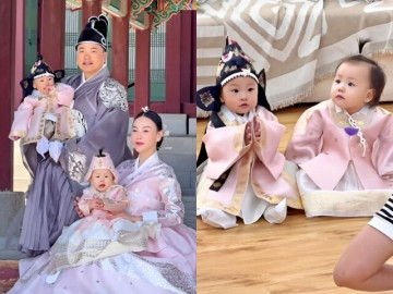 Phương Oanh diện hanbok sang trọng bên Shark Bình, vẫn bị lu mờ trước 2 con song sinh đáng yêu như hoàng tử, công chúa