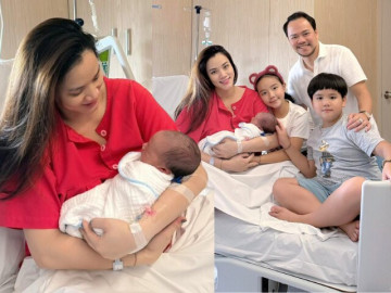 Trang Nhung sinh con thứ 3 với chồng đại gia ở tuổi 40, em bé vừa chào đời trông đã giống hệt 2 anh chị lớn