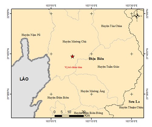 Vị trí xảy ra trận động đất chiều nay ở Điện Biên.