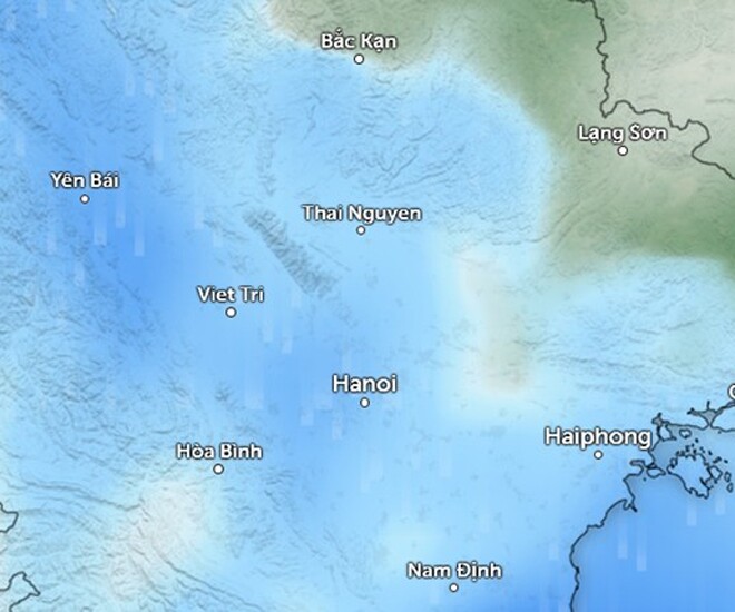 Dự báo mưa ở nhiều nơi tại miền Bắc vào sáng 15/5 (những vùng màu xanh da trời). Ảnh: Zoom Earth, OpenStreetMap, ICON.