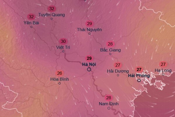 Dự báo đến khoảng 23 - 24/5, miền Bắc sẽ lại có gió Đông Bắc, nhiệt độ ở nhiều tỉnh thành xuống dưới mức 30oC. Ảnh: Ventusky, ECMWF.
