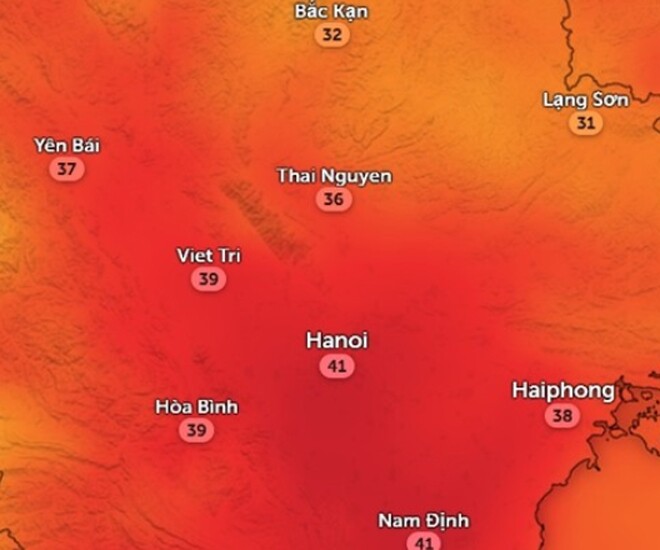 Dự báo nhiệt độ cảm nhận ở một số tỉnh thành miền Bắc vào trưa và đầu giờ chiều mai, 31/5. Ảnh: Zoom Earth, OpenStreetMap, ICON.
