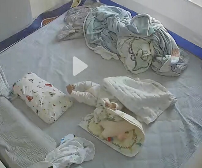 Đoạn camera ghi lại khoảnh khắc khiến cõi mạng hãi hùng, một em bé sơ sinh nằm vẫy vùng trên giường ngủ - 1