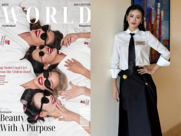 Ý Nhi lên bìa tạp chí Miss World cùng các đại diện Thái Lan, Úc và New Zealand