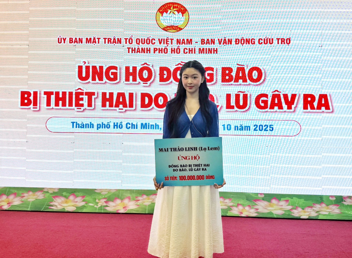 Tháng 10/2025, người đẹp ủng hộ 100 triệu đồng giúp đồng bào chịu thiệt hại do bão lũ. Trước đó, khi còn học cấp ba, Lọ Lem cũng quyên góp 200 triệu đồng để san sẻ khó khăn cùng người dân. Cô nói tất cả hoạt động thiện nguyện và đóng góp đều đến từ quỹ Lo cho em, được trích từ tiền lương của mình.