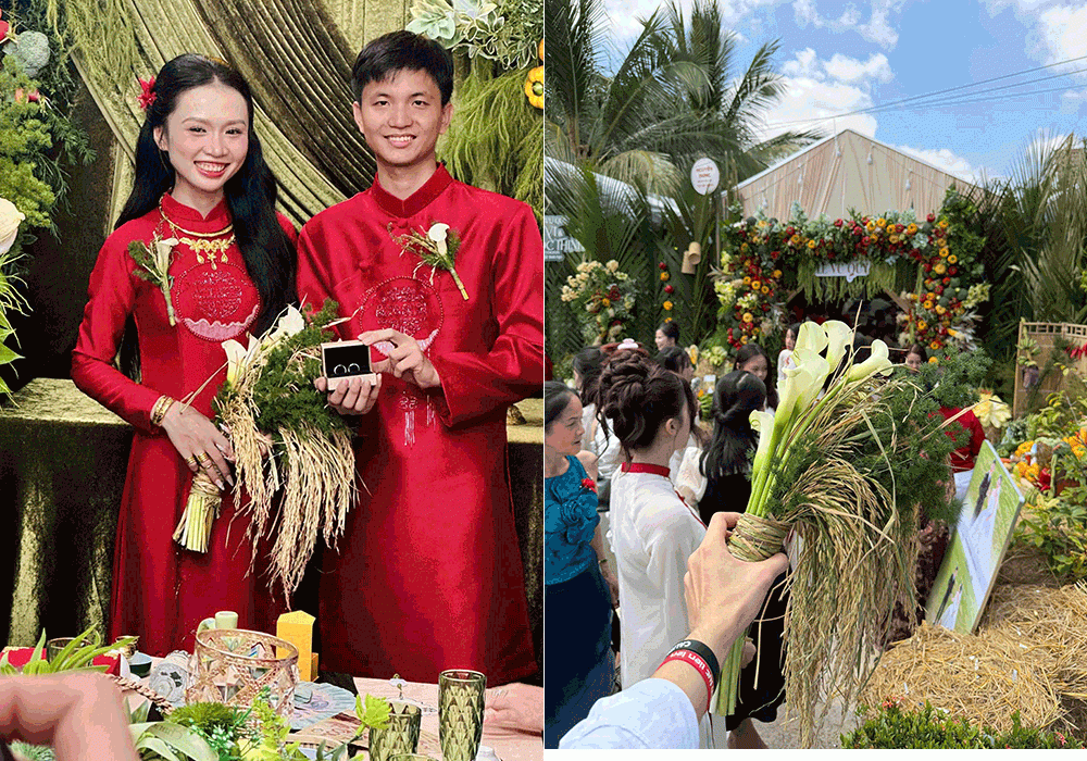 Cô dâu cầm bó hoa cưới được làm từ hoa rum và bông lúa 