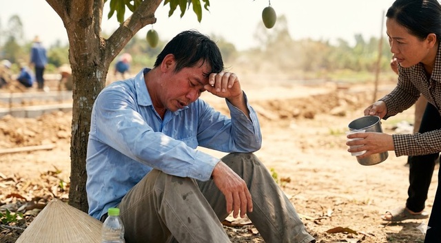 Người bị say nóng thường vã mồ hôi, mệt mỏi và cần nghỉ ngơi kịp thời - Hình minh họa