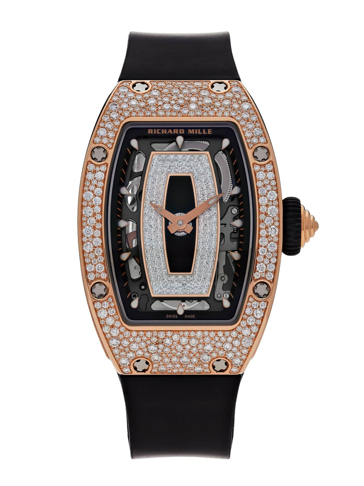 Thiết kế RM 07-01 Ladies Rose Gold Onyx Snow Diamond Set của Richard Mille có phần vỏ làm từ vàng hồng 18K, mặt số đá onyx được tô điểm bằng những viên kim cương đính thủ công tinh xảo, tạo hiệu ứng lấp lánh như tuyết. Món phụ kiện được rao giá 350.000 USD (hơn 9,2 tỷ đồng) trên Wrist Aficionado.