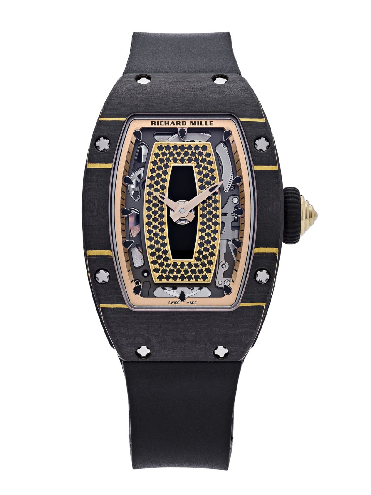 RM 07-01 Gold Carbon TPT gây ấn tượng bởi lớp vỏ pha trộn giữa vàng với carbon TPT, mặt số nạm sapphire và onyx đen tuyền, được yết 275.000 USD (hơn 7,2 tỷ đồng) trên Wrist Aficionado.