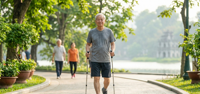 Đi bộ đều đặn là phương pháp đơn giản nhưng hiệu quả để rèn luyện hệ tim mạch, giúp người trên 60 tuổi ổn định huyết áp, tăng cường tuần hoàn máu và duy trì sự dẻo dai của cơ xương khớp, từ đó làm chậm quá trình lão hóa.