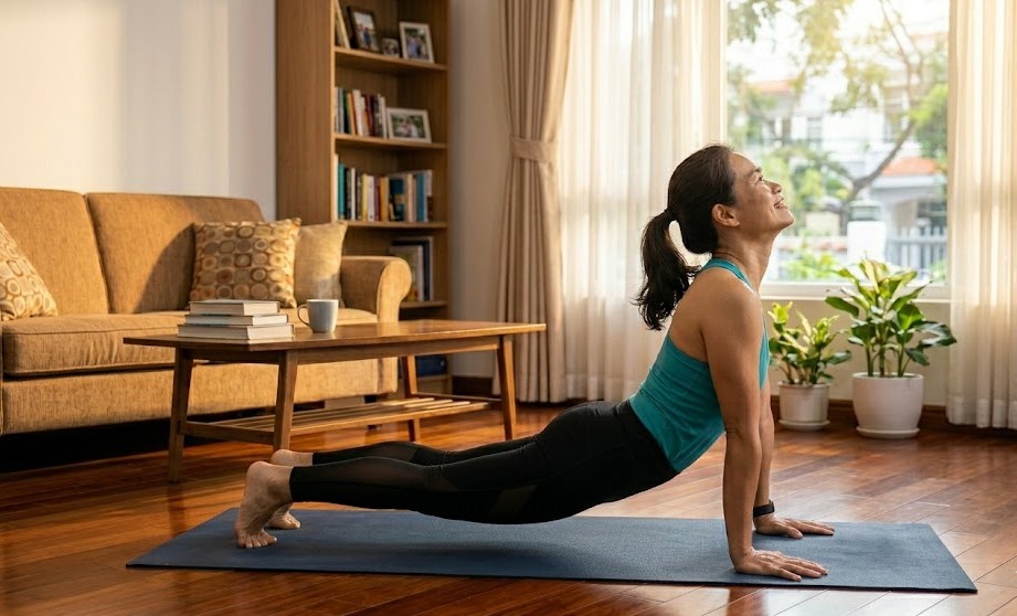 Tư thế chó úp mặt kết hợp với tư thế rắn hổ mang là bài tập giúp tăng độ linh hoạt cho cột sống.