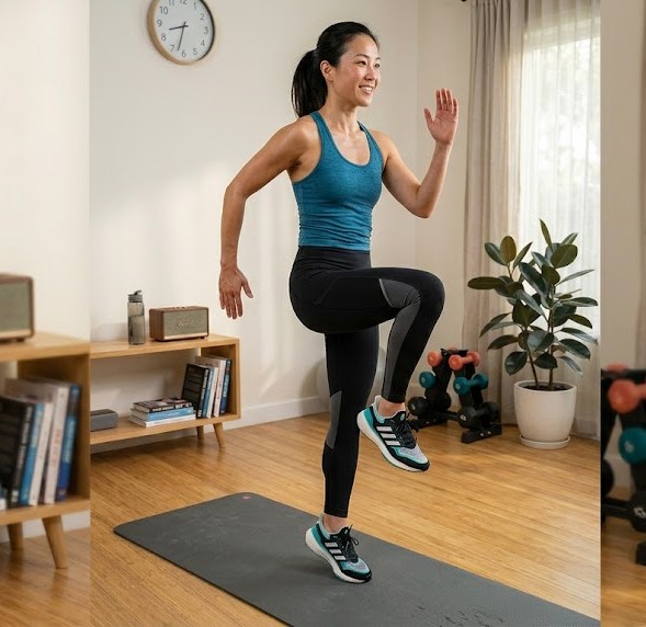 Bài tập đi bộ tại chỗ nâng gối luân phiên giúp cải thiện khả năng phối hợp vận động, giữ thăng bằng và kích hoạt cơ bụng sâu.