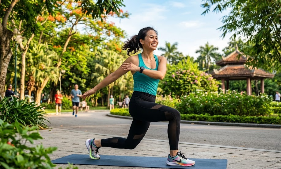 Bài tập chùng chân kết hợp xoay người giúp kích hoạt cơ bụng, cơ xiên và cải thiện khả năng giữ thăng bằng.