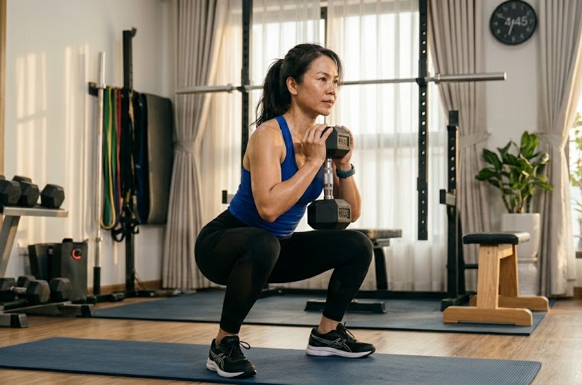 Giữ tạ phía trước khiến cơ lõi phải hoạt động nhiều hơn để giữ thân người thẳng, từ đó hỗ trợ làm săn chắc vòng eo hiệu quả.