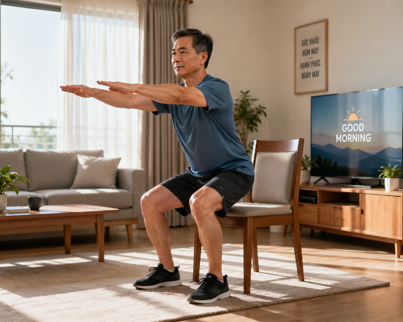 Tập buổi sáng với squat trên ghế giúp khỏe chân và tăng thăng bằng.