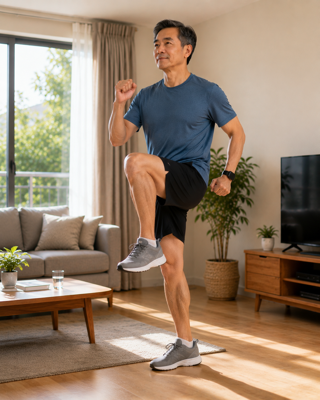 Nâng gối tại chỗ là bài tập nhẹ nhàng nhưng mang lại nhiều lợi ích cho người trung niên.