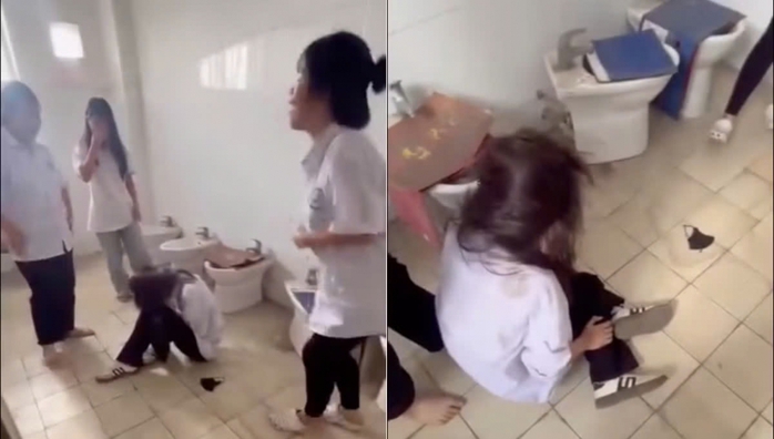 Hình ảnh nữ sinh bị nhóm bạn đánh hội đồng trong nhà vệ sinh. Ảnh: Cắt từ clip