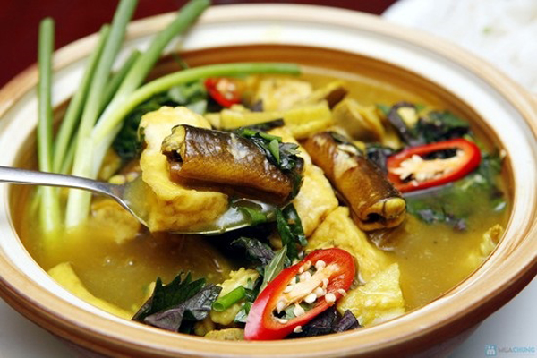 Lươn om chuối đậu là món ăn hợp với thời tiết chuyển sang lạnh để làm ấm bụng. Lươn cắt thành khúc, nấu cùng với đậu phụ, chuối, nước sốt đậm đà, thơm nức mũi. Ăn kèm với món này là các loại rau sống như tía tô, giá đỗ, hoa chuối... Thưởng thức món lươn om chuối đậu, bạn không nên nhâm nhi và phải ăn nóng bởi nước canh khi nguội chần rau sẽ mất ngon, có vị tanh, làm giảm nhiều giá trị món ăn.