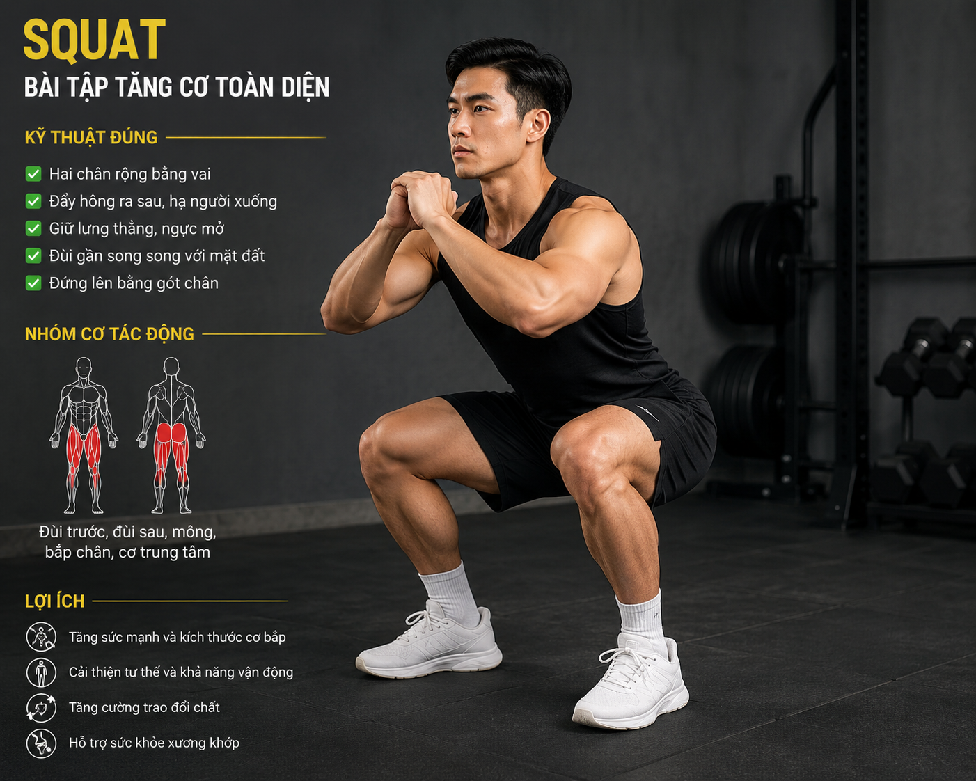 Squat giúp tăng cường sức mạnh toàn thân.