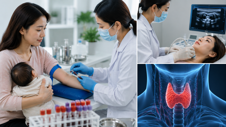 Xét nghiệm máu và kiểm tra tuyến giáp giúp tìm nguyên nhân rụng tóc kéo dài sau sinh.