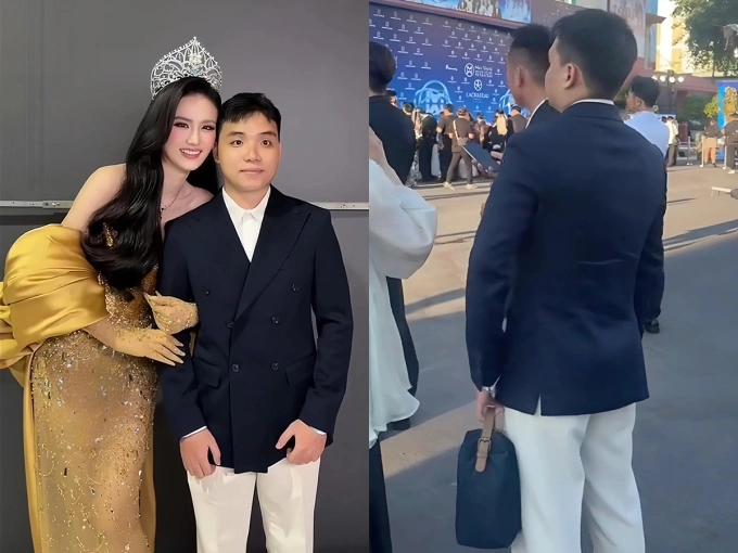 Bạn trai mặc đồ bảnh bao, diện túi Ý Nhi tặng, đến chúc mừng cô kết thúc nhiệm kỳ Miss World Vietnam.