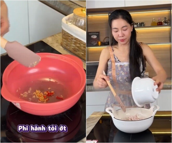 Cô tiến hành làm cà tím tay cầm. Sau khi phi hành tỏi ớt, cô nhanh tay trút phần thịt băm đã chuẩn bị vào nồi và dùng vá đảo đều cho thịt săn lại. Để món cà tím tay cầm chuẩn vị, cô bắt đầu nêm nếm các loại gia vị cơ bản và không quên cho thêm một chút nước màu để phần sốt thịt kho có màu sắc đậm đà, bắt mắt hơn.