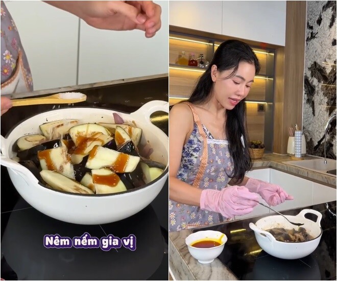 Khi thịt băm đã thấm tháp gia vị, bà trìm cho toàn bộ phần cà tím cắt khúc vào nồi, nhẹ nhàng đảo đều để cà quyện cùng nước sốt thịt. Cô bật mí bí quyết giữ màu: Cà này khá là non và mình quyết tâm giữ màu tím cho nên là mình sẽ không có gọt vỏ nha, để nguyên vỏ cho đẹp. Để món ăn thêm phần phong phú và ngọt nước, cô tiếp tục cho nấm hương vào kho cùng cà tím và thịt băm. 