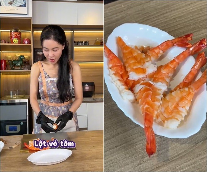 Trong lúc chờ nồi cà tím tay cầm liu riu trên bếp, Phạm Kim Dung chuyển sang công đoạn làm gỏi cuốn. Cô đeo găng tay một cách cẩn thận và bắt đầu lột vỏ những con tôm luộc chín đỏ, xếp gọn gàng ra đĩa để chuẩn bị cho phần nhân cuốn.