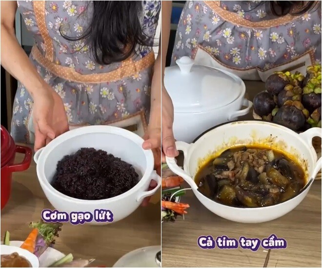 Cô tự hào chia sẻ về món cà tím tay cầm - món ăn mà cô vừa nấu vừa nhớ đến những vị khách quốc tế của mình: Món cà tím tay cầm này là hầu hết mọi người đều thích. Vừa rồi Dung mời cô Molly và đoàn cuộc thi Miss Grand International ăn cà tím tay cầm, mọi người cũng khen ngon.