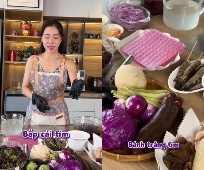  Đứng trước dàn nguyên liệu sắc màu, Phạm Kim Dung hào hứng liệt kê một loạt cái tên được cô săn lùng khắp siêu thị: Món gà thì không có tím được rồi nên chỉ có củ hành tím thôi. Bắp cải tím, củ hành lớn tím, cà tím, bánh tráng tím, bánh phở tím, cải tím, xà lách tím...