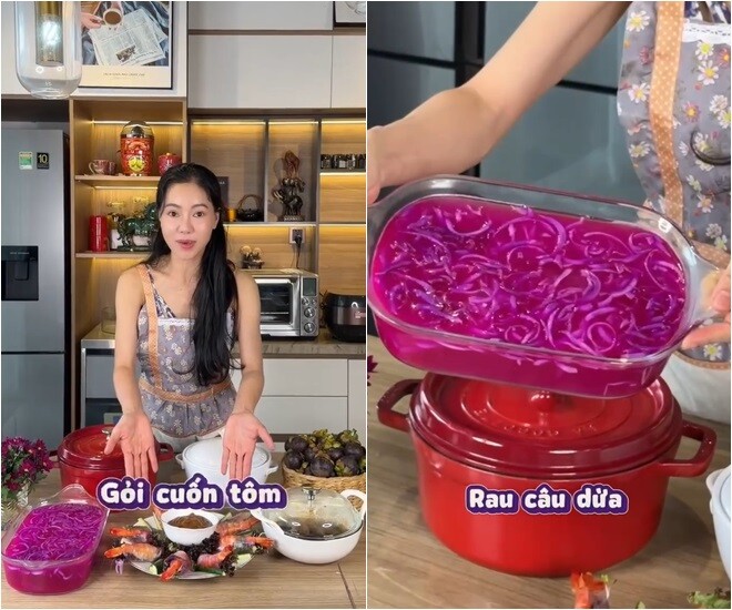 Món rau câu màu tím cô tin rằng chồng mình sẽ rất thích. Dù chuẩn bị mâm cơm rất chu đáo cho ông xã (đạo diễn Hoàng Nhật Nam), nhưng ngay sau khi nấu xong, bà trùm lại phải ngậm ngùi... đi tắm rồi chạy thẳng lên công ty để kịp giờ họp.