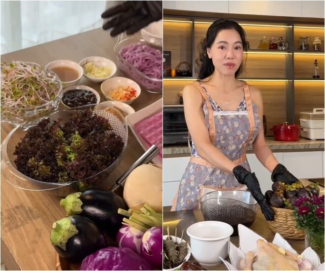 Cận cảnh khay rau củ tươi ngon và những xấp bánh tráng, bánh phở màu hồng tím vô cùng lạ mắt được xếp gọn gàng trên bàn bếp. Bên cạnh đó là đĩa tôm tươi nguyên con đã được xiên que sẵn để chuẩn bị cho món cuốn. Ngoài ra còn có món tráng miệng là măng cụt tím và trang trí với bình hoa tím đỏ. Cô cho biết thêm: Và đây là nước lá cẩm. Để Dung sẽ làm rau câu màu tím luôn. Nước dừa không có màu tím được nên nó mới cần xíu lá cẩm.