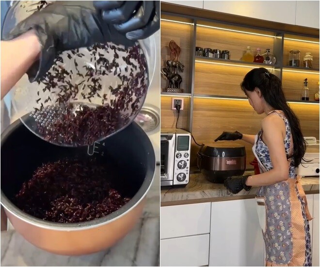Công đoạn đầu tiên là nấu cơm gạo lứt, phần gạo sau khi ngâm đủ giờ được cô chắt ráo nước rồi cho vào lòng nồi cao tần. Sự gọn gàng, ngăn nắp trong từng thao tác chứng minh cô là một người rất yêu thích và có kinh nghiệm nội trợ.