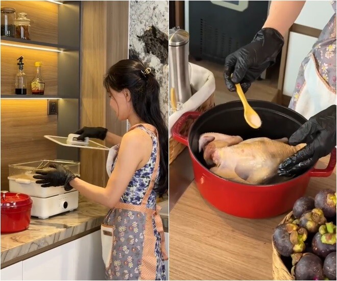 Trong lúc chờ cơm chín, bà mẹ 3 con tận dụng triệt để thời gian để có thể hoàn thành mâm cơm trước khi quay lại với công việc. Cô hấp tôm và bắt tay vào thực hiện món gà hấp muối, nữ doanh nhân cho con gà nguyên con vào chiếc nồi gang đỏ và nêm nếm. Cô dí dỏm kể: Hôm qua đi mua con gà nhưng mà cũng phải lựa con gà làm sao để nó nằm vừa trong cái nồi màu đỏ này nè. Chứ con gà bự quá thì cũng nằm không vừa, mà con gà nhỏ quá thì ăn không đủ.