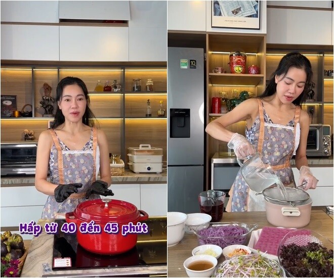 Đặt nồi gà lên bếp từ, Phạm Kim Dung chia sẻ về độ hồi hộp của mình khi lần đầu thử nghiệm công thức này: Lần đầu tiên là Dung làm món này với cái nồi này luôn cho nên là Dung cũng chưa biết như thế nào. Dung sẽ để nó hấp tầm 40-45 phút. Nồi này giữ nguyên cái hương vị của con gà. Nghe nói vậy, chờ coi sao nha.